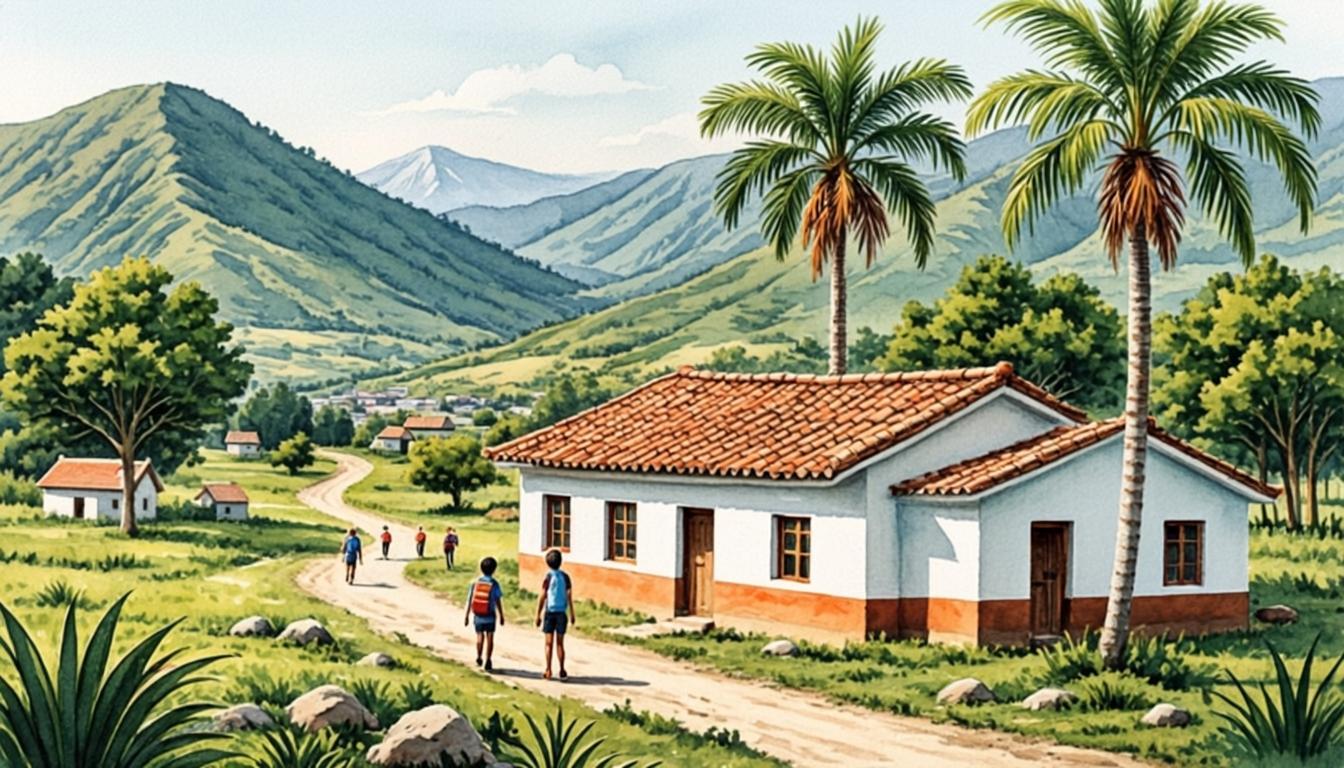 Ilustración decorativa de una sede rural en el paisaje del Tolima